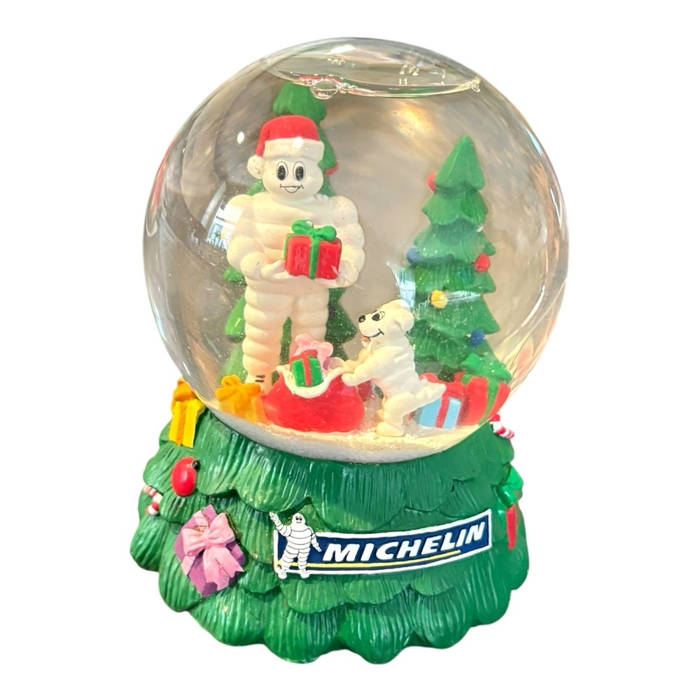 Michelin Tire Snow Globe Christmas Musical Green Holiday Decor Man & Dog * Video